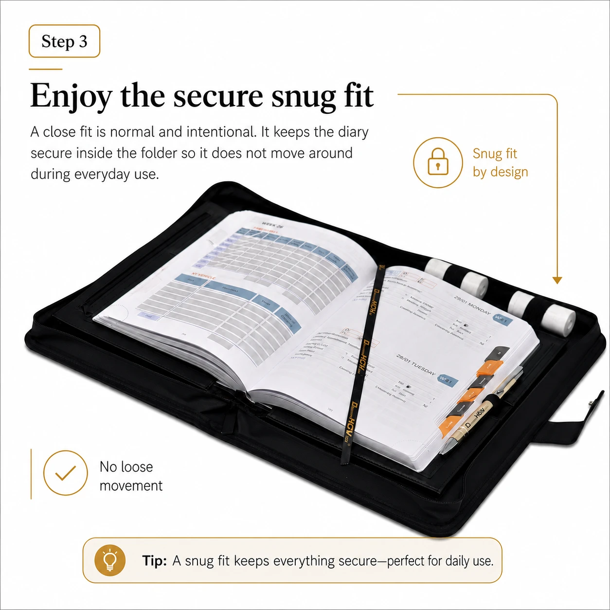 Step 3 HGV Drivers Diary securely fitted inside the protective folder with no loose movement